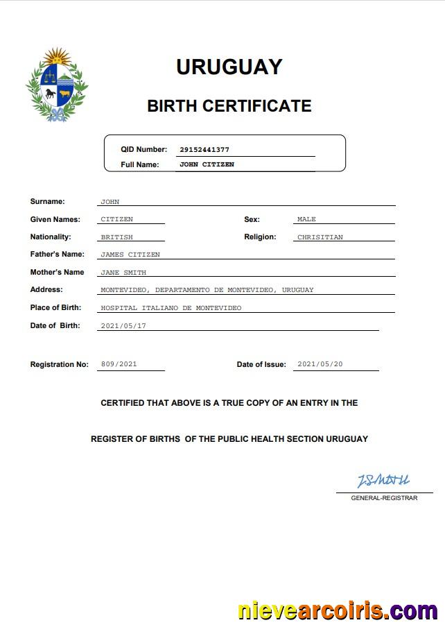 Uruguay vital record birth certificate